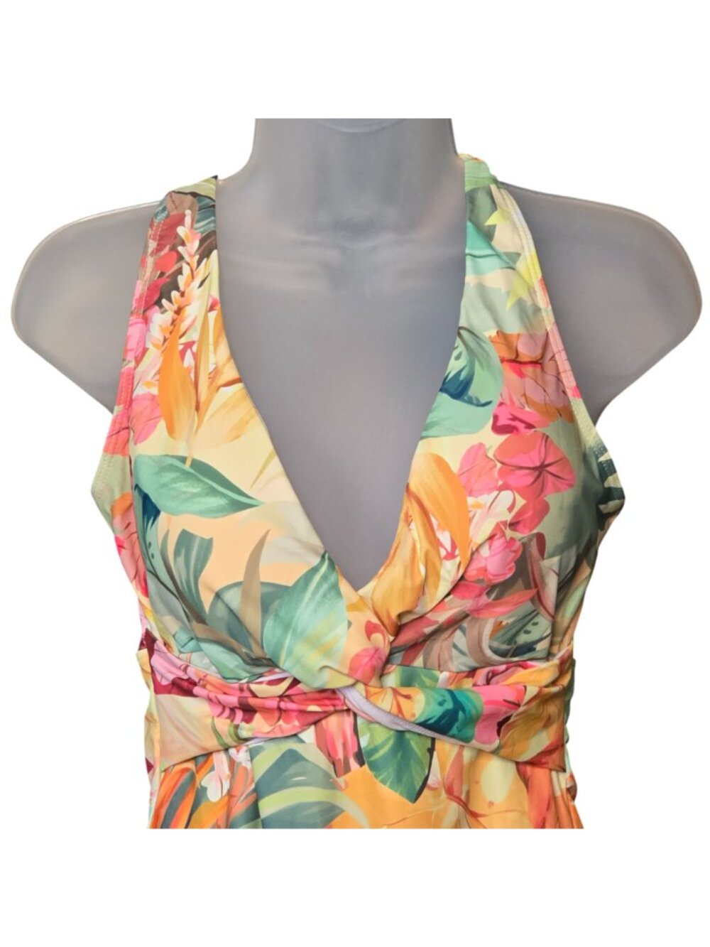 Tropical Print One Piece Swimsuit L Deep V Neck Cutout Back Adjustable - Picture 2 of 9
